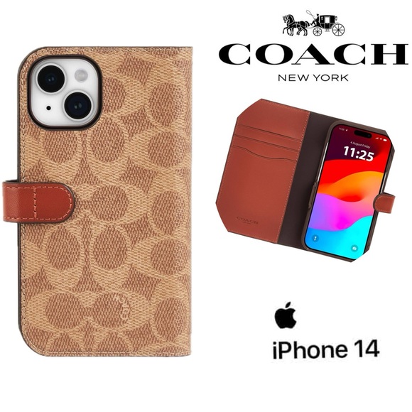 COACH Tan Khaki Signature Logo iPhone 13 14 Magnetic Wallet Folio Clutch Case - Picture 1 of 16